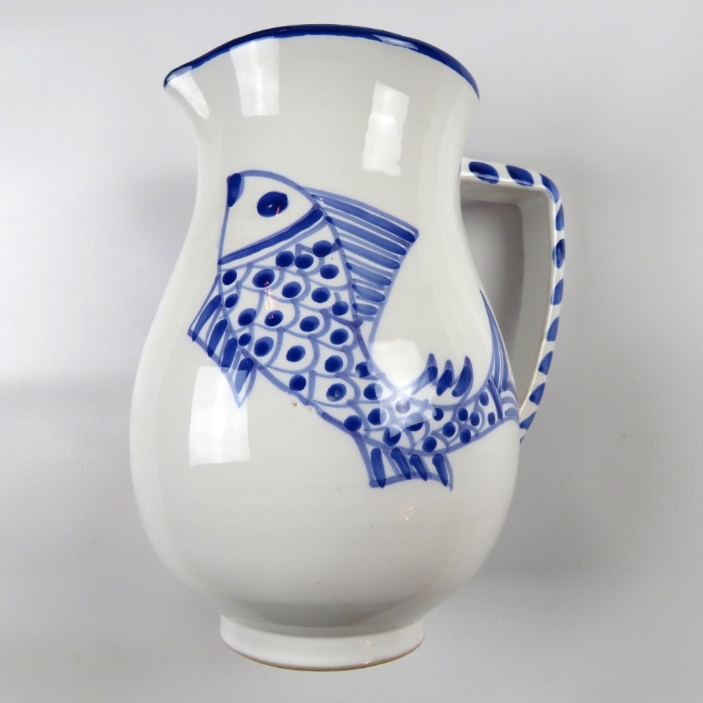 Vtg Tunisian handpainted handmade ceramic decorative white blue fish pitcher - Picture 2 of 6